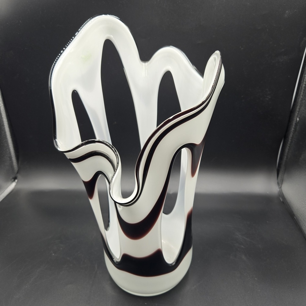 VTG Jozefina Krosno Hand-Blown Art Glass Vase Erupt Series Zebra Swirl Maroon
